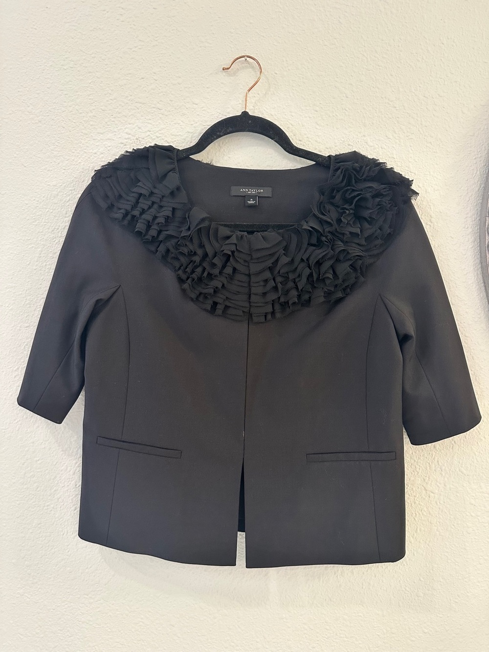 Ann Taylor Black Ruffled Collar Blazer
